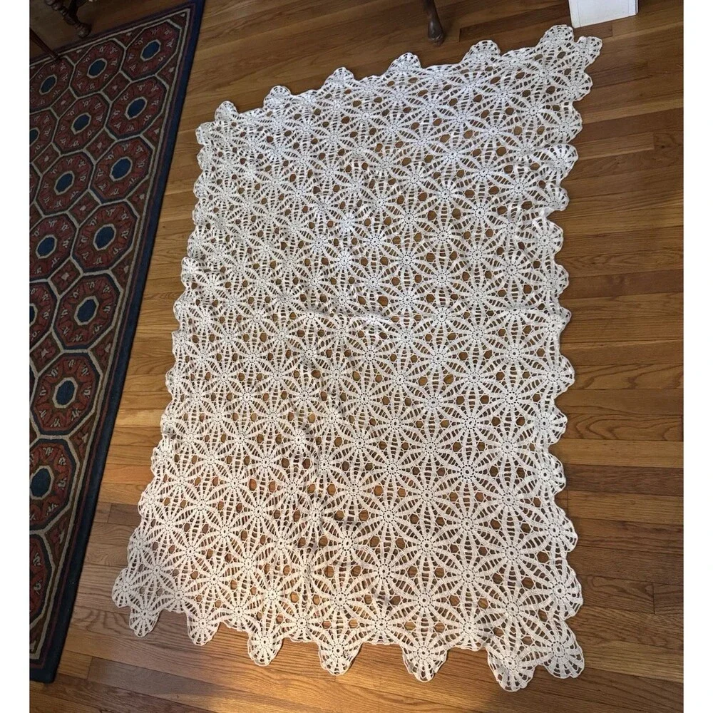 Vintage Handmade Tablecloth Large Crochet Lace Scallop Edge Cottage Ivory